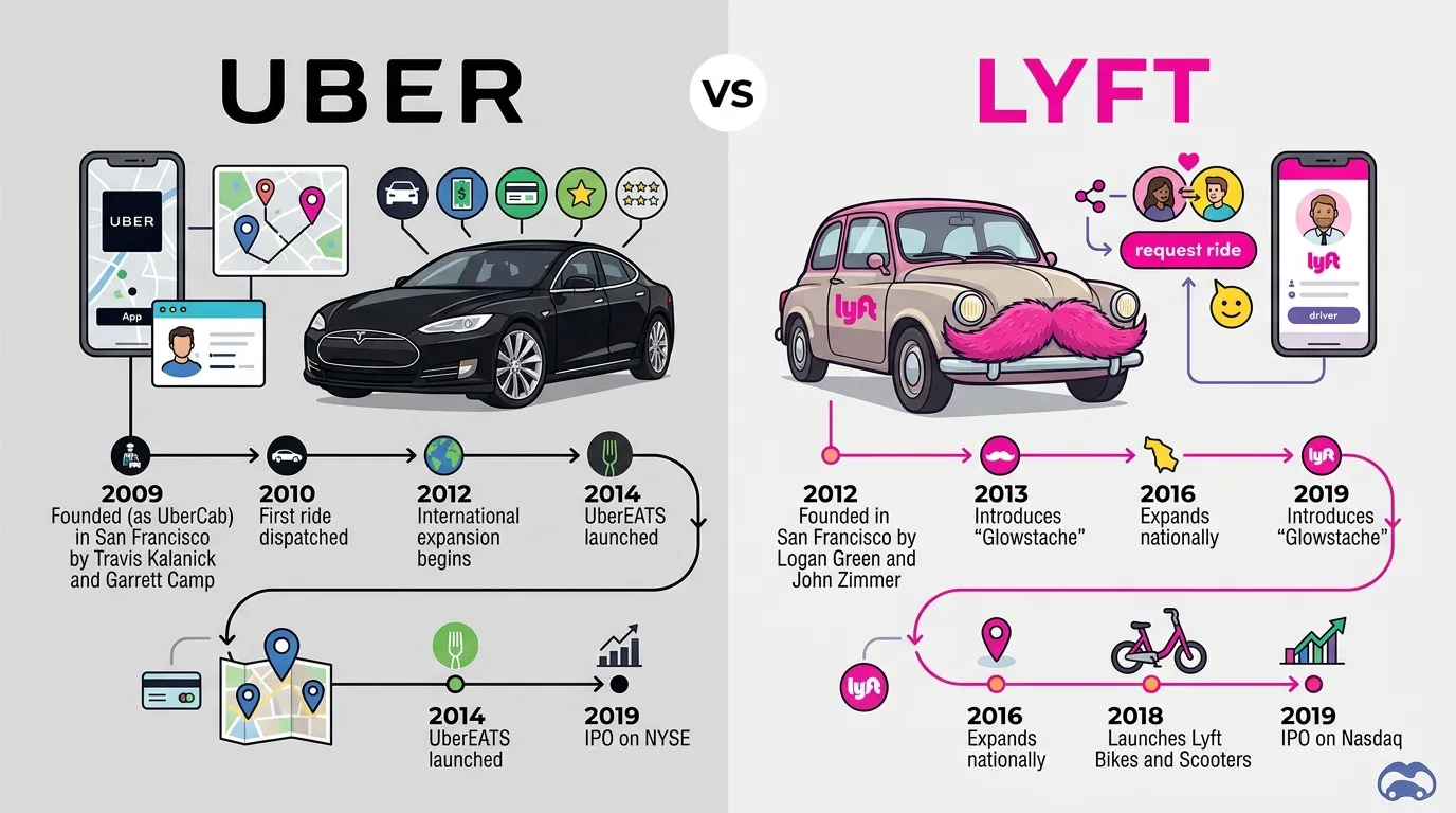 Split visual showing Uber and Lyft logos with city ride-hailing cars illustrating their separate founding stories and evolution in the transportation industry.