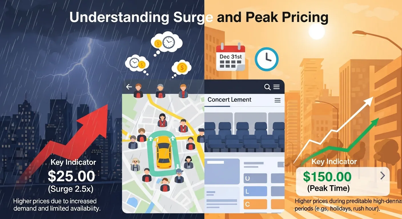 Ride-sharing app displaying surge pricing during high demand with increased fare highlighted on map