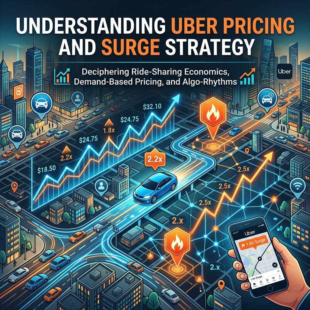 Smartphone showing Uber fare surge pricing map with busy city traffic in background