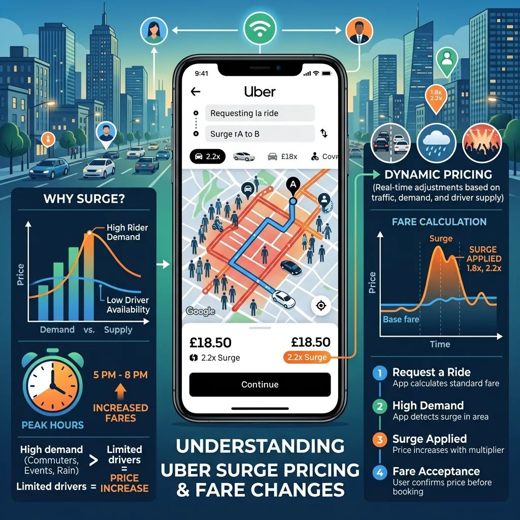 Smartphone showing Uber ride price fluctuations and surge pricing map in a busy city environment with traffic in the background.
