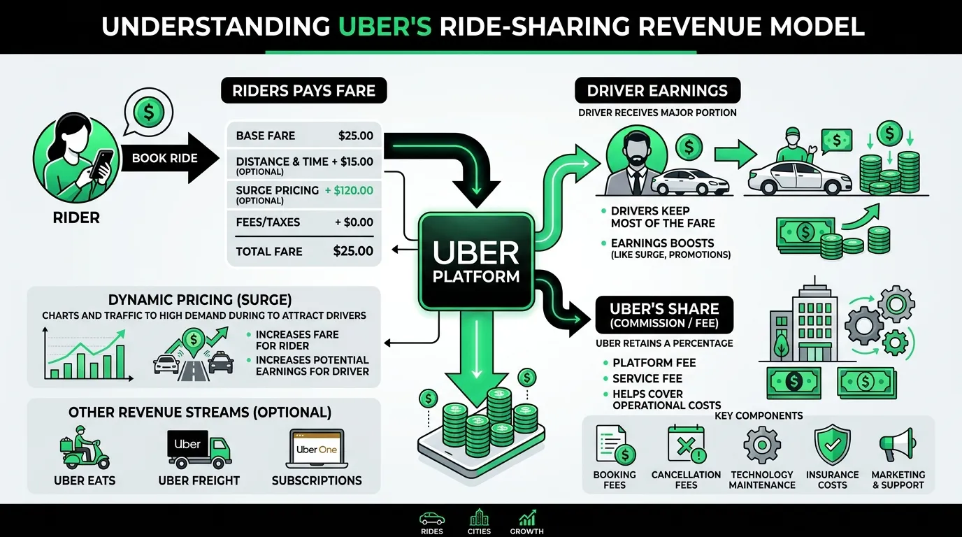 Uber ride-sharing app showing fare breakdown and driver earnings on smartphone