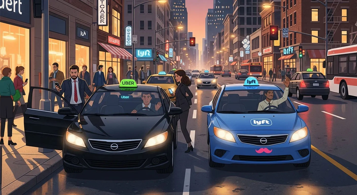 City street scene with multiple ride-hailing cars picking up passengers, representing modern urban transportation through Uber and Lyft.