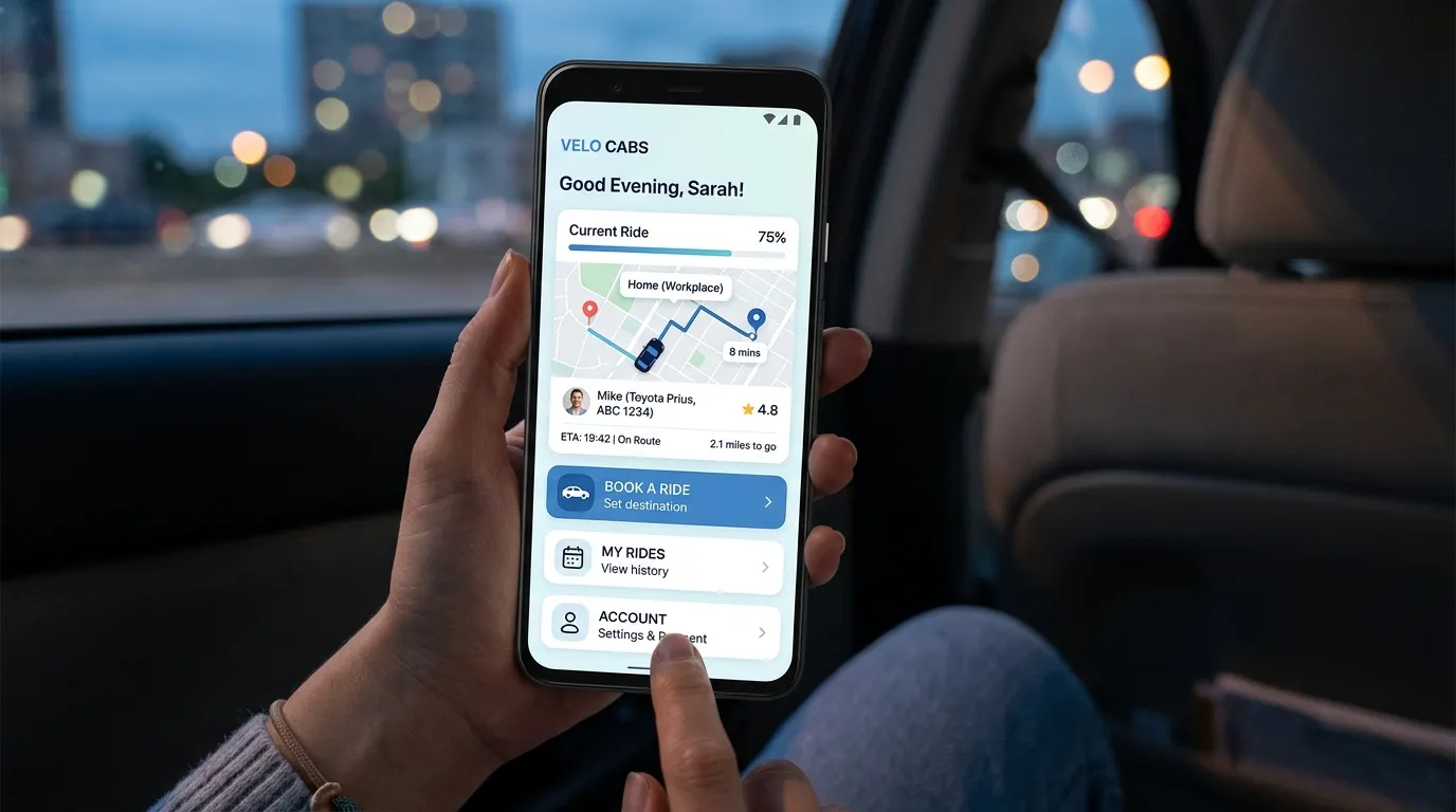 Smartphone showing ride-hailing app with map, ride booking screen, driver tracking, and fare estimation interface.