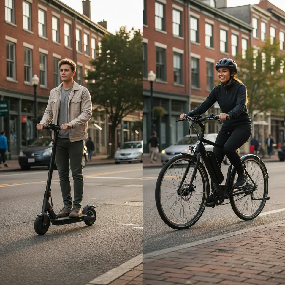 Side-by-side urban design comparison of an e-scooter and an e-bike showing their distinct form factors—compact deck and foldable stem with small wheels and twist-grip throttle versus a reinforced bicycle frame with large wheels, integrated battery pack, pedal-assist crank, saddle, and handlebars—set against a city street backdrop.