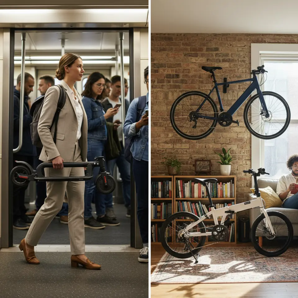 Portability and storage scenarios: a commuter effortlessly carrying a folded e-scooter under one arm while boarding a subway car, contrasted with an apartment interior where a full-size e-bike is secured on a wall mount or compact floor stand, illustrating weight, foldability, and space considerations.