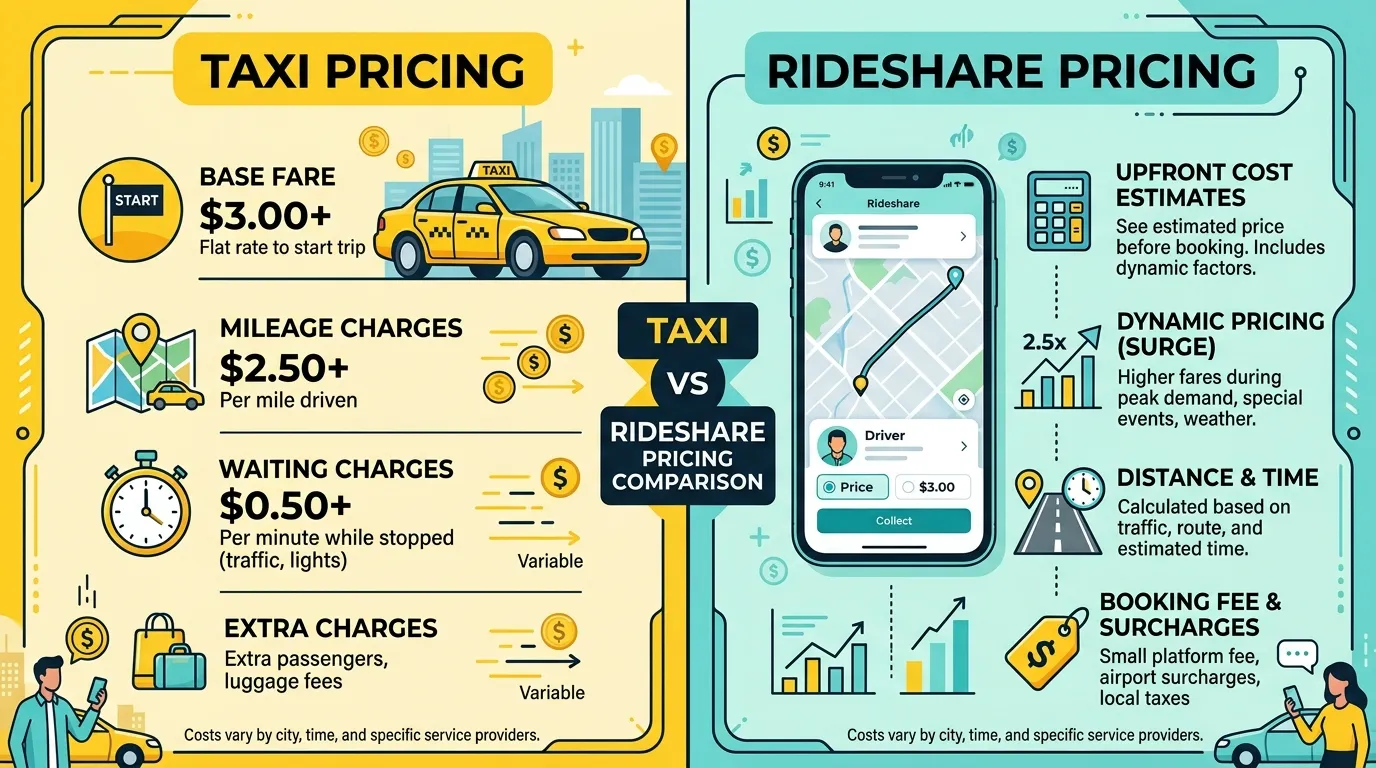 Taxi meter displaying fare breakdown with base fee, per-mile rate, and time-based charges during a ride in city traffic.