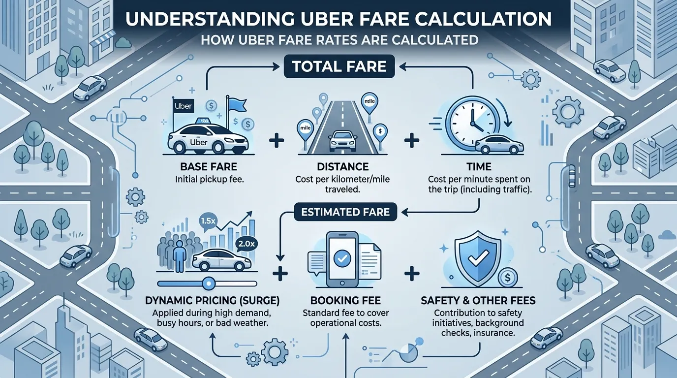 Uber app fare breakdown showing base fare, distance charge, time charge, and service fees on a smartphone screen.