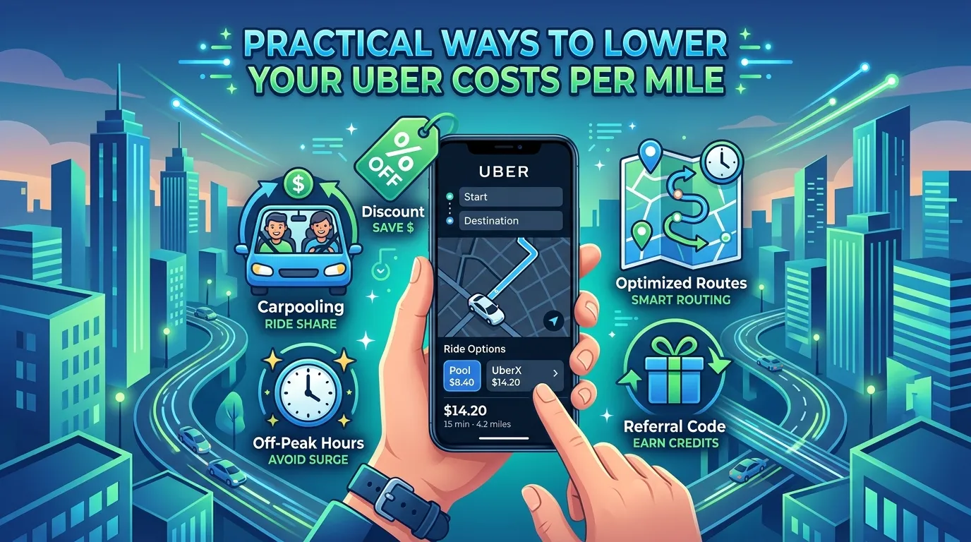 Person comparing Uber ride options and fare estimates on a mobile app to save money on transportation.