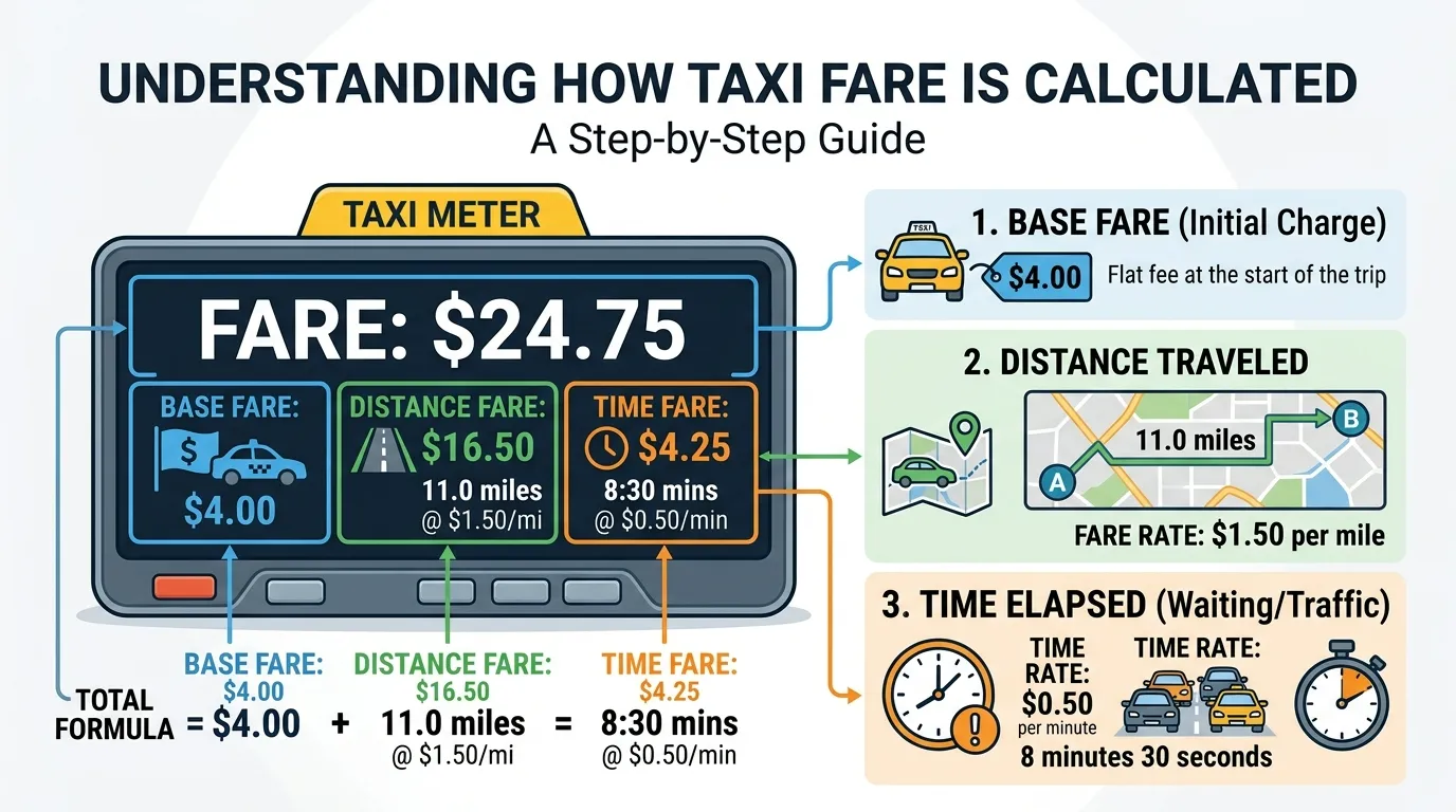 Side-by-side illustration of traditional taxi meter and rideshare app pricing screen showing differences in fare calculation.