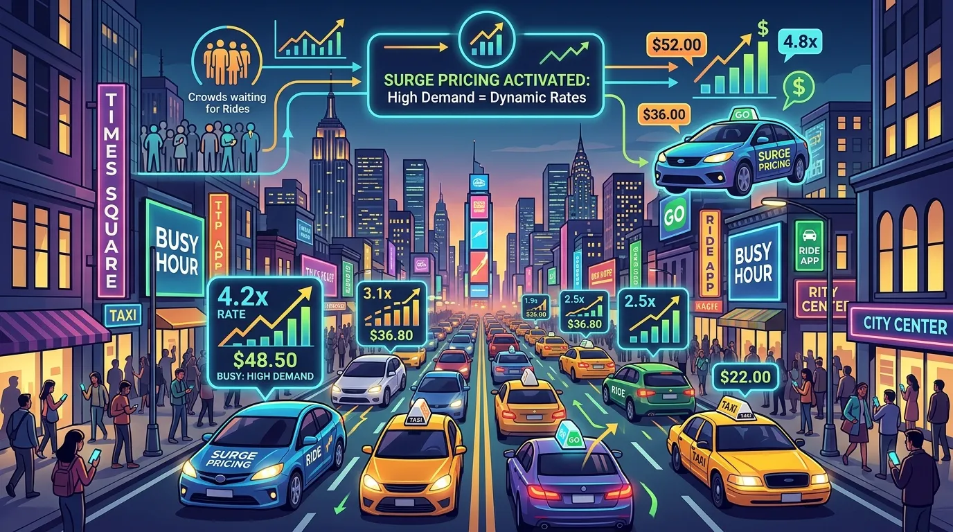 Busy city street with high Uber demand, surge pricing alert visible on a rider’s smartphone during rush hour.