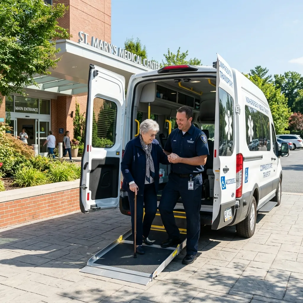 Wheelchair-accessible medical transport vehicle with trained staff helping a patient safely board for a scheduled healthcare appointment.