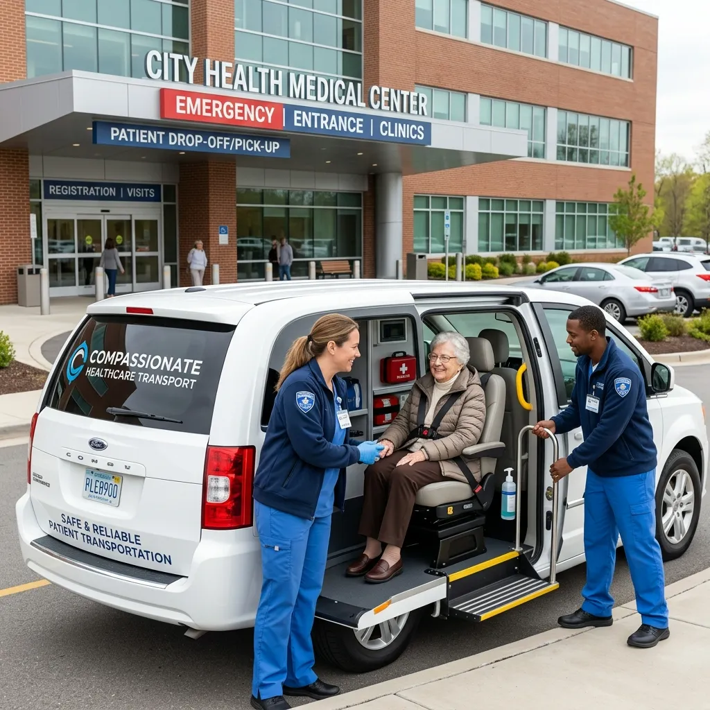Professional medical shuttle transporting patients to a healthcare facility with caregivers, accessible vehicles, and safe patient assistance.