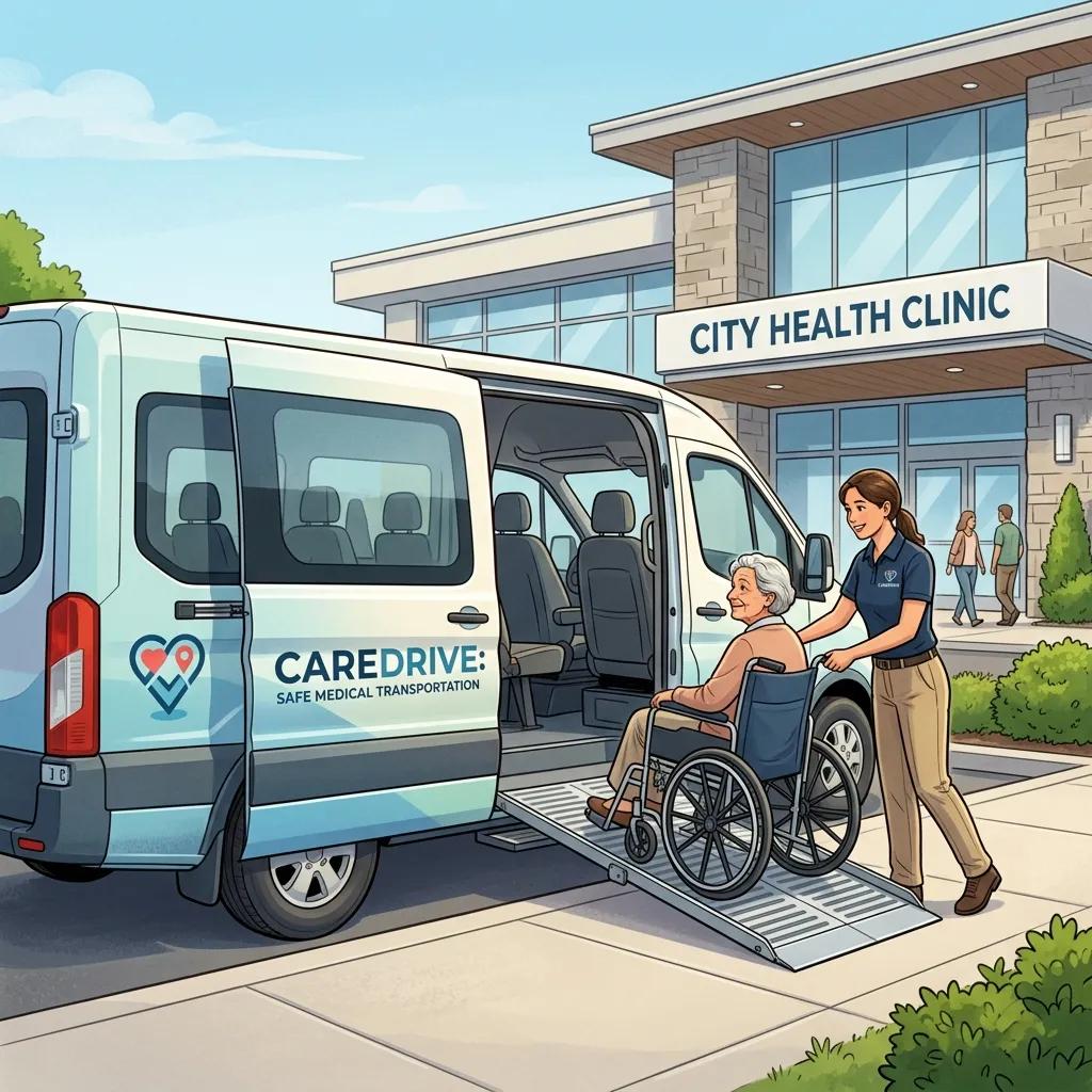 Medical transportation van assisting a patient with healthcare staff outside a modern hospital entrance.